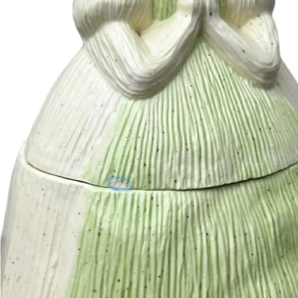 Vintage Ceramic Cookie Jar Woman Praying Hands Mint Green Apron 9